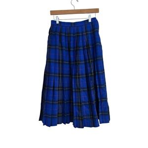 Highland Queen Vintage Blue Plaid Wool Pleated Midi Skirt Size Small